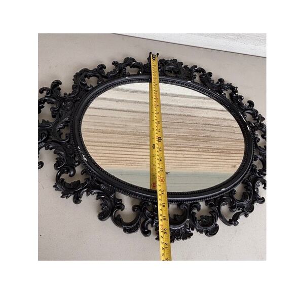 Vintage Oval Wall Hanging Mirror Ornate Black Scroll Border Chippy Shabby Chic - Picture 12 of 12
